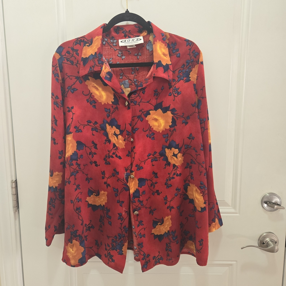 AORA Women's Floral Red Yellow Blue Rayon Button-Up Shirt Long Sleeve Size M